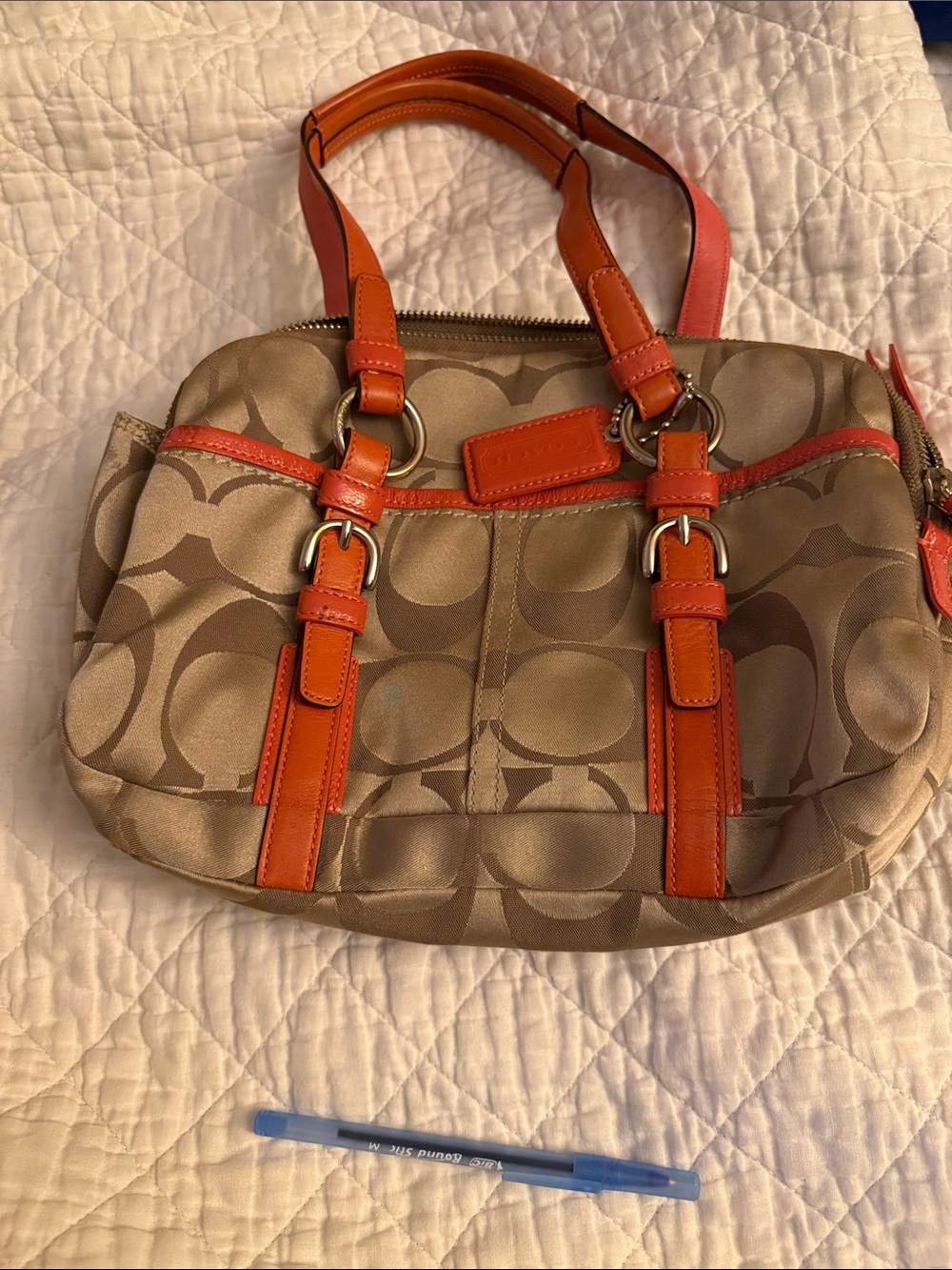 Coach Beige Signature Satchel with Orange Leather Trim